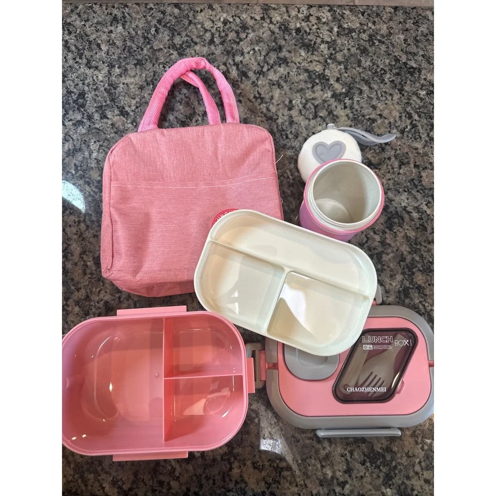 New Pink Bento Lunch Box Set‎ with Insulated Bag and Soup Cup 3 Piece Kit
